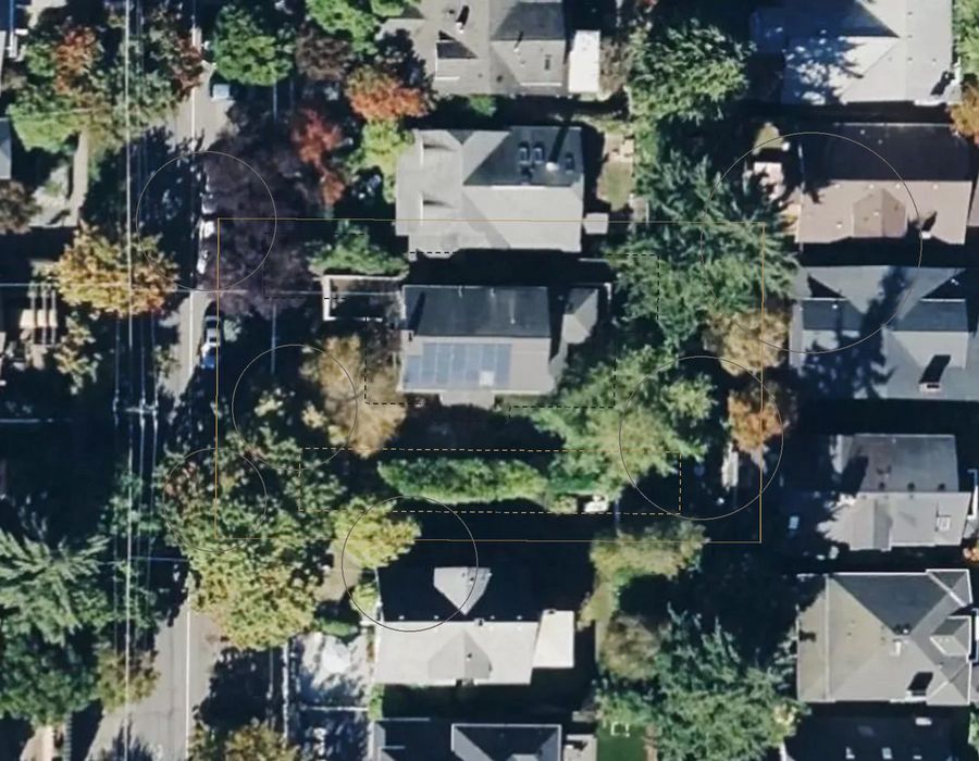 Aerial of a Ballard lot with measured overlays drawn to scale