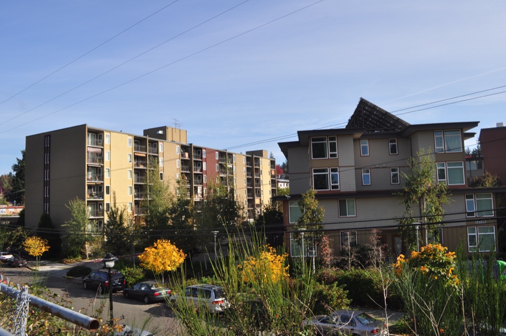 Apartment buildings in Lake City, Seattle — the stacked-flat housing form HB 1110 now allows on residential lots.