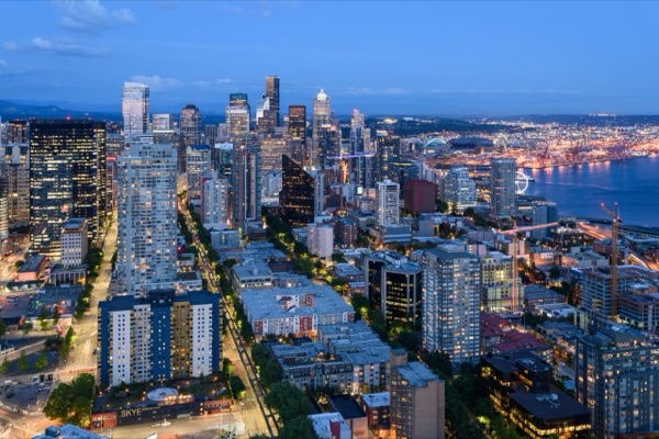 Seattle's downtown and surrounding neighborhoods seen from the Space Needle observation deck.