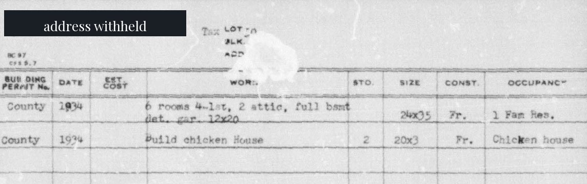 A scanned 1934 King County building permit card with the address blacked out.