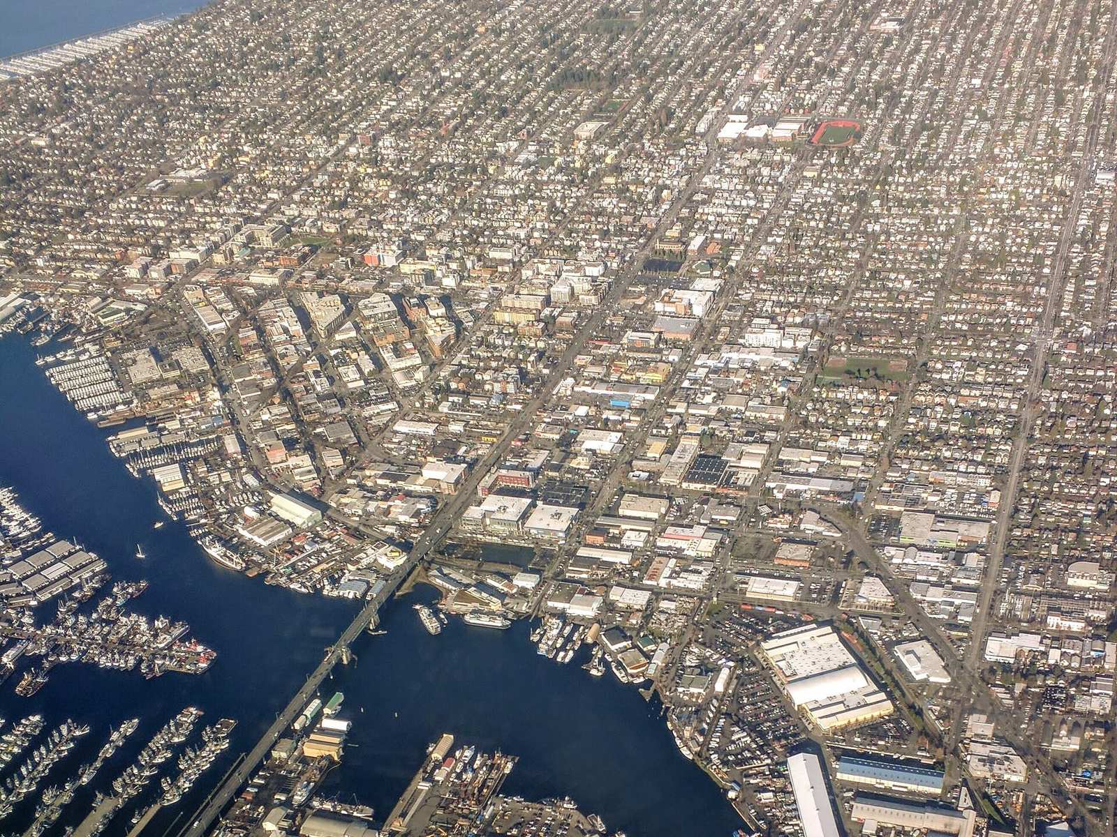 Aerial view of Ballard's residential blocks north of the Ship Canal in Seattle