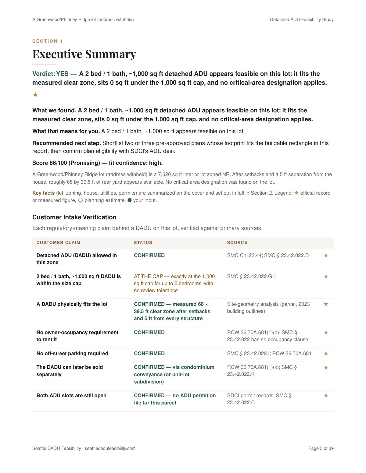 A page from the YES sample Seattle DADU feasibility report